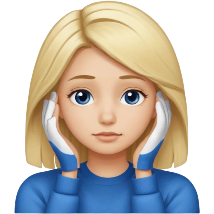 Girl massaging her head with blonde hair with anti-dark circles patches dressed in a blue sweater emoji