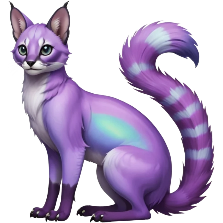 Colorful dark tropical pastel-lilac-lavender-violet iridescent pastel white glorious divine exotic cute cool beautiful shiny beautiful fantasy-caracal-civet-genet-sergal-vernid-Gryphon-Cacomistle-Trico-oncilla-animal-Fakémon-hybrid-fursona (full body) emoji