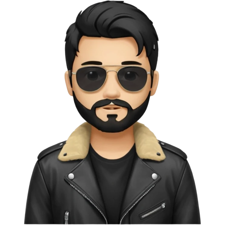 generate an ios genmoji of a 20 year old tan boy with black sunglasses, long black hair till his shoulders. Wearing a leather jacket. Has a dyed blonde beard emoji