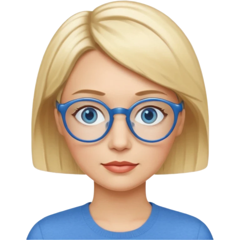femme 40 ans cheveux extremement courts blond avec raie sur le coté, yeux bleu et lunettes rondes bleues emoji
