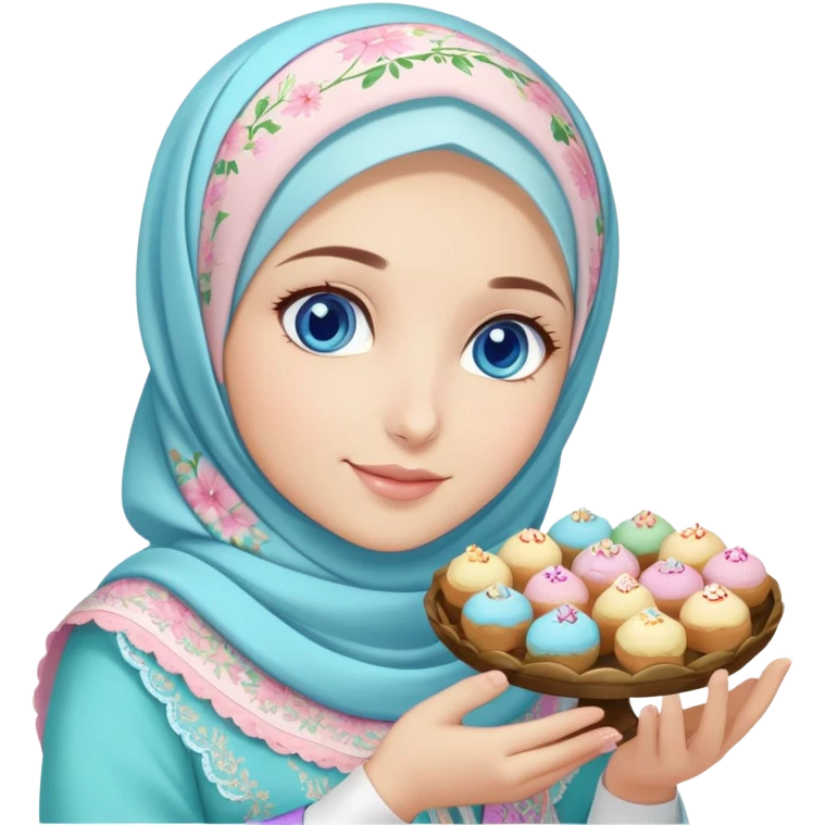 Turkish beautiful finish Konya girl blue eyes with pastel floral hijab islamic dress and had on her hand text Eid Mubarak with sweets and celebrating with her friends eid days   emoji