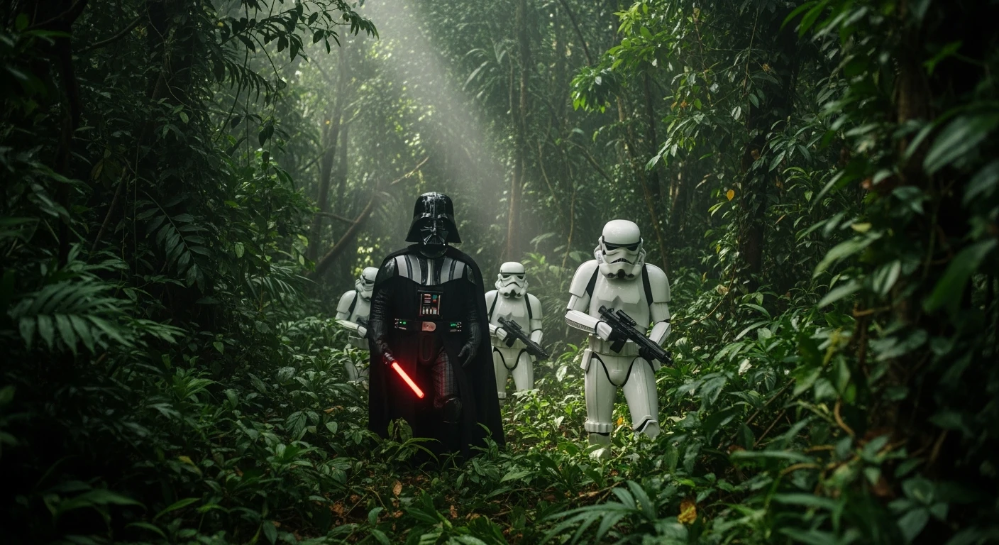 cinematic still, amazon jungle, well lit scene, Darth Vader around stormtroopers is exploring the jungle, close up, front shot, rule of thirds, captured by arri alexa emoji