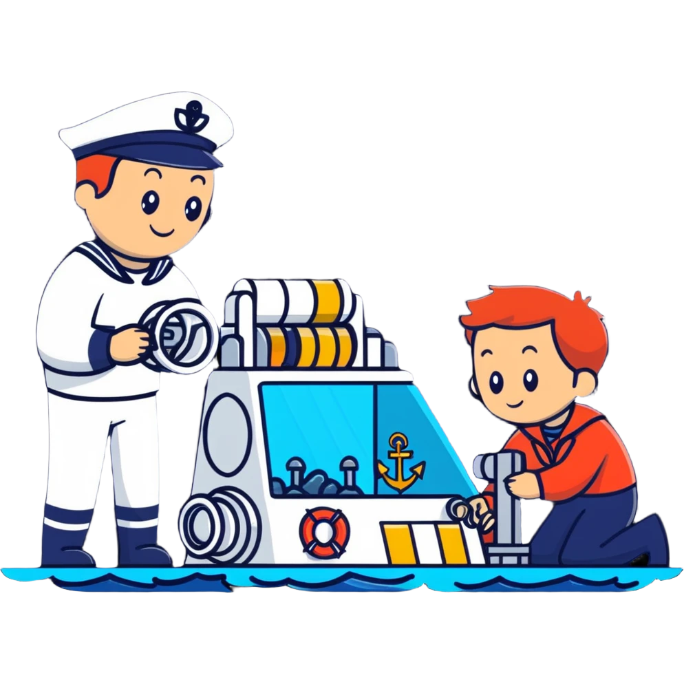 Marine geology process with sailor at winch and scientist analyzing ocean floor samples emoji