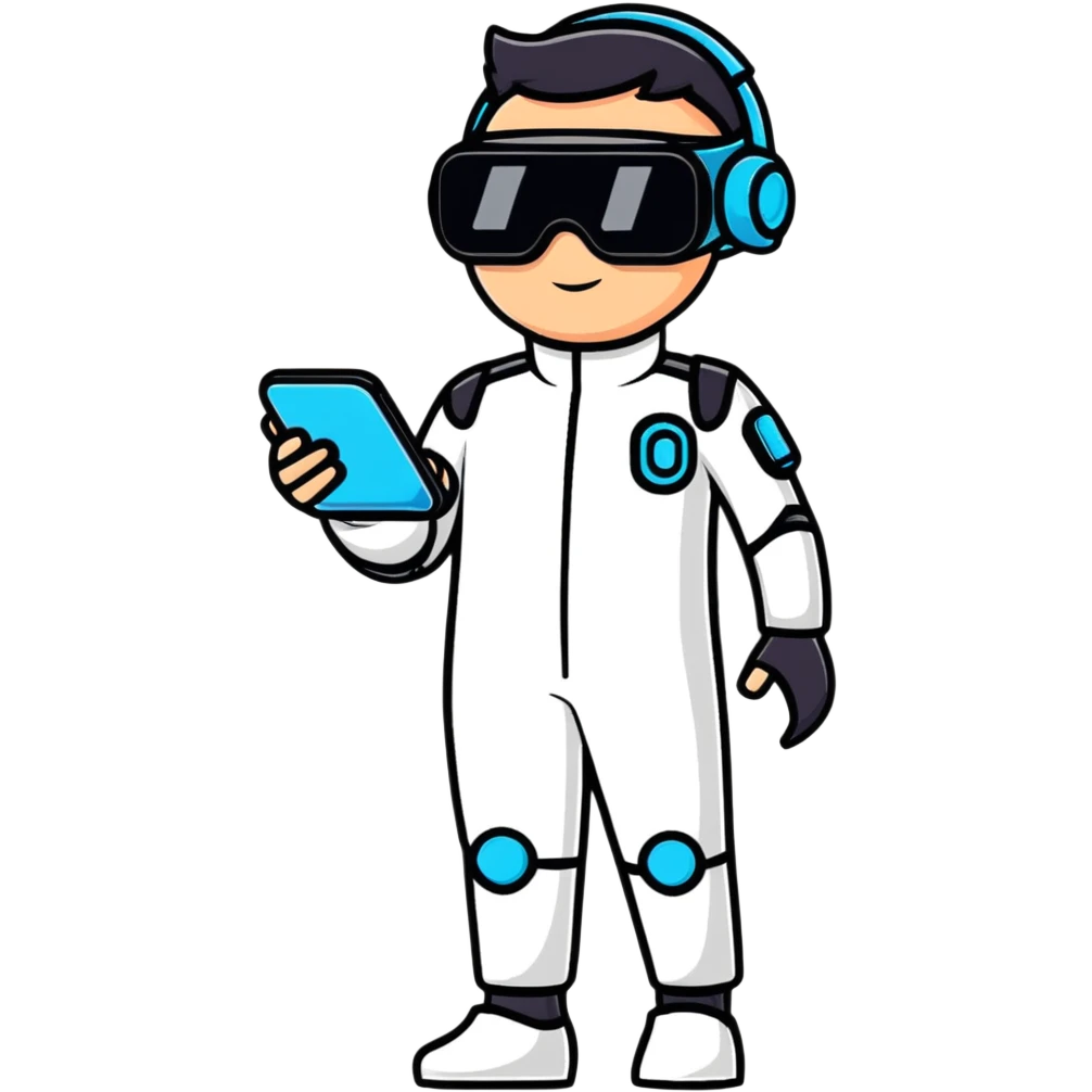 Futuristic human wearing sleek jumpsuit with tech gadgets, augmented reality glasses, and glowing accents emoji