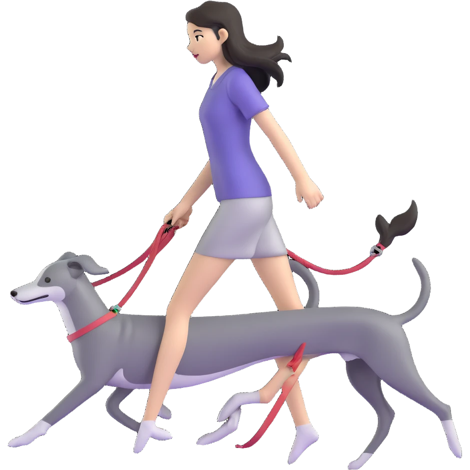 Japanese girl with flowing hair walking a solid grey greyhound with no white markings emoji