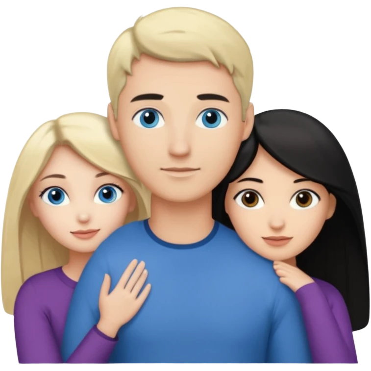 3 people. Throuple. Blank woman with blond hair and blue eye color on left. a blank man with black hair and grey eye color in the middle. And a blank woman with brown hair and grey eye color on the right. Holding each other  emoji