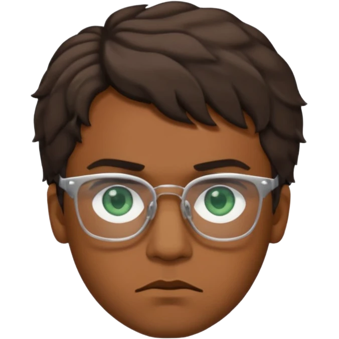 Garçon brun avec des cheveux ondulés courts, peu un peu claire, des yeux verts foncés, des lunettes rectangulaires transparentes et qui est fou emoji
