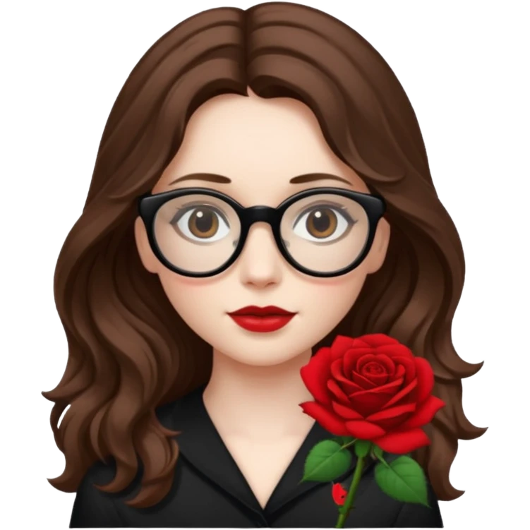 Una ragazza con capelli castani mossi e lunghi e indossi occhiali neri e con una piccola rosa nella testa emoji