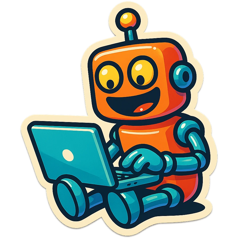 A funny robot using a laptop, bright colors, cartoonish and humorous. emoji