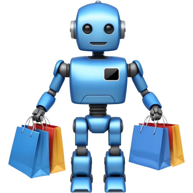black friday robot with blue and metalic colours with bags in his hands  emoji
