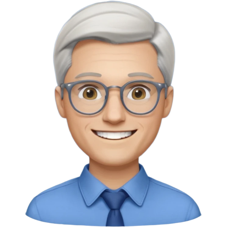 30 yr old pale white man, white/grey side swept stylish hair, round glasses, big smile, white teeth, handsome, longer hair, thin glasses, blue dress shirt emoji