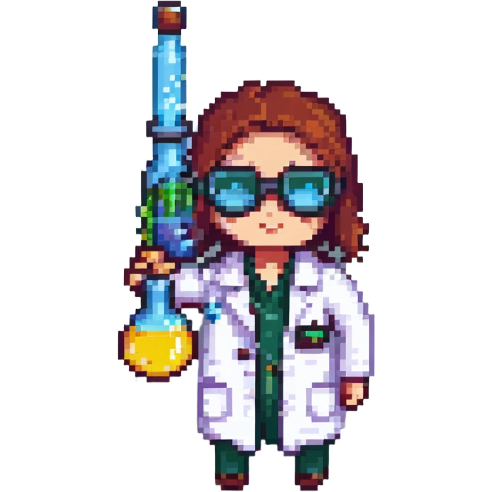 chemist in lab coat with chemical goggles holding a test tube, background with a board of chemical elements, pixel art style, no text emoji