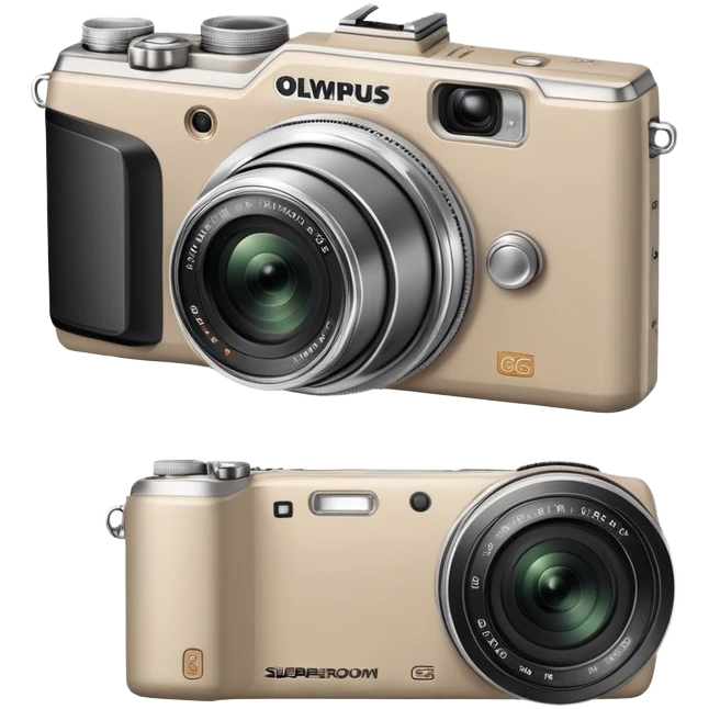 Minimalist Olympus Superzoom 70G camera from side angle, grayish-beige color, simplified profile showing characteristic silhouette with very few details emoji