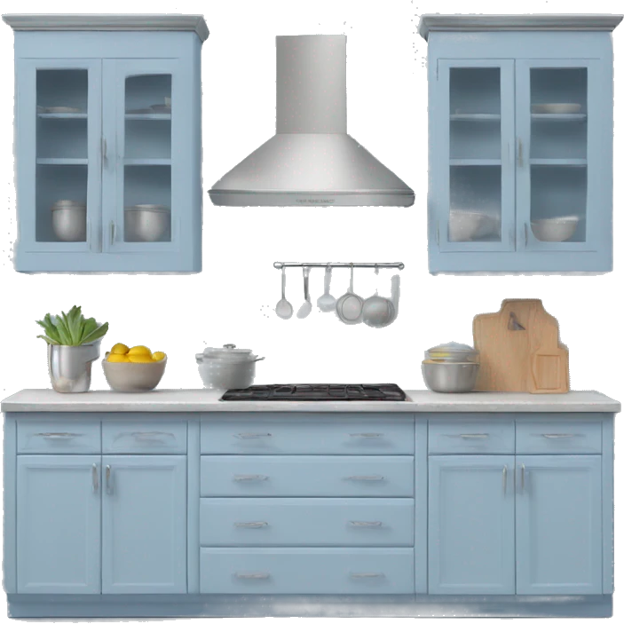 Realistic front facing hanging powder blue and silver kitchen cabinets. emoji