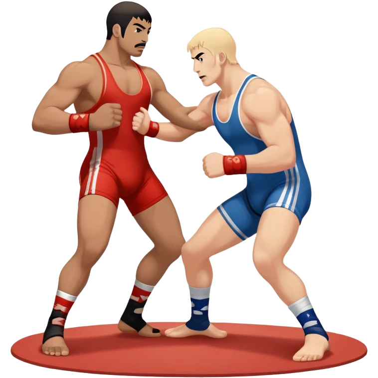 An icon showcasing two wrestlers engaged in a dynamic free wrestling match. The athletes are in mid-action, one attempting a takedown while the other defends. The background features a wrestling mat, and the fighters wear traditional singlets. Transparent background  emoji