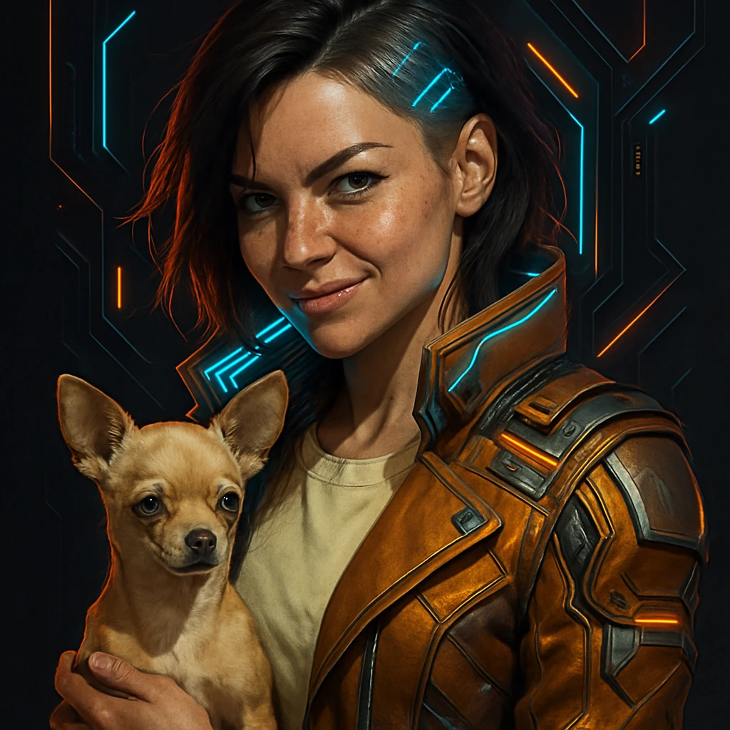 Portrait of a woman with tanned skin and subtle freckles, wearing a shirt in color #FFF8CA and a cognac jacket. She has medium-length brown hair with auburn highlights, a rebellious and playful expression. Futuristic style illustration with high-tech elements, metallic colors, and neon lights. She is holding a beige-brown chihuahua. Dark background. emoji