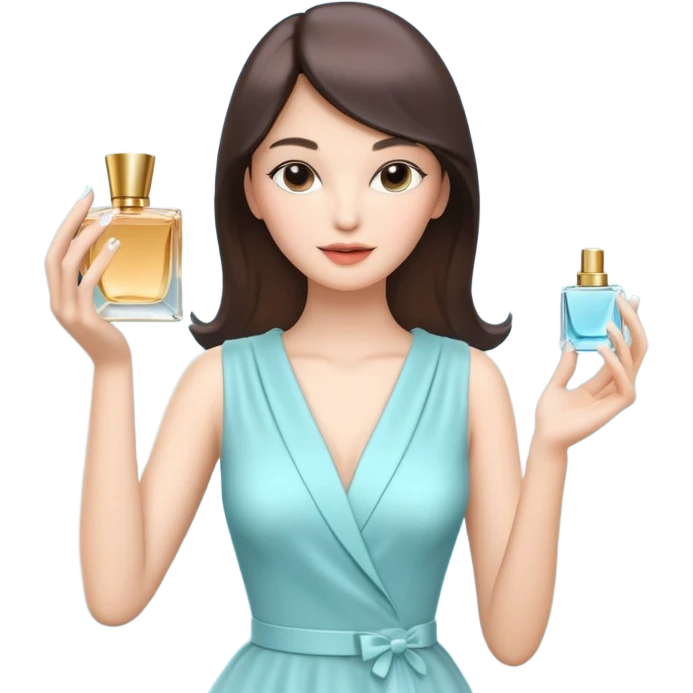 stylish woman spraying perfume, holding a perfume bottle, soft mist spray in the air, elegant pose, 3D cartoon, mobile game icon style, clean background, no text, no watermark

 emoji
