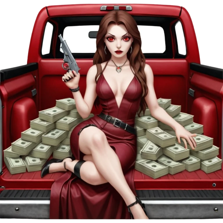 Lilith red eye seductress evil long brown haired sexy succubus woman with leather long dress with slit on, sitting in Big Large F350 pickup truck. Back seat full of stacks of cash, she is  Holding a human skull of her enemies and a gun in other hand emoji