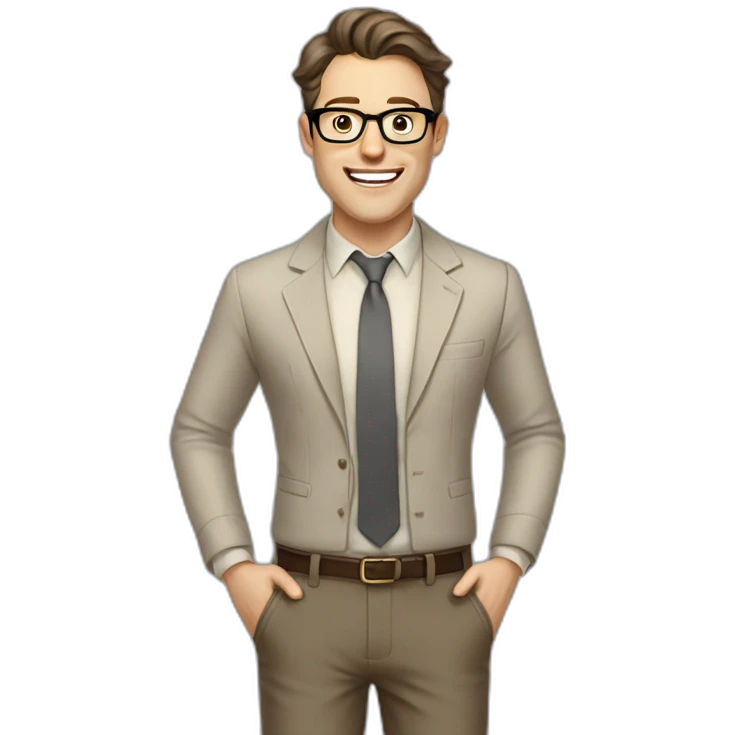 Joyful Full height Pale skinned Fit Man With dark brown hair in gray classic jacket, beige office shirt, Brown pants and vintage glasses. His thrumbs up emoji