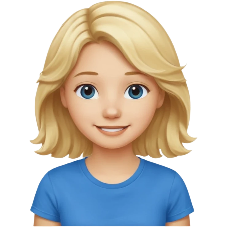 Happy blond girl with light weavy hair with a blue shirt but we can see only her face and neck and the top of the t shirt, no whole body emoji