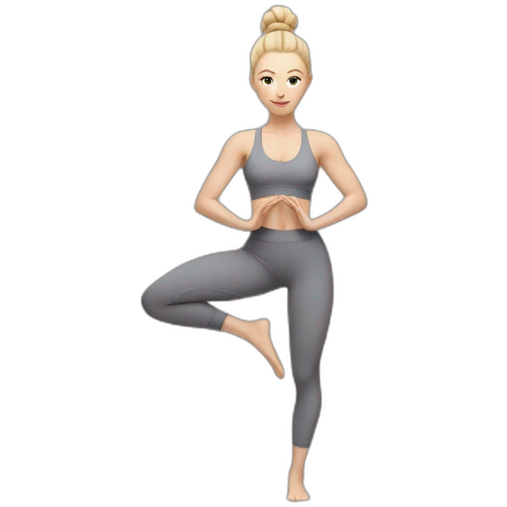 Pale skinned fit woman In a gray tight yoga suit and wristbands With ash blonde hair in a bun doing yoga emoji