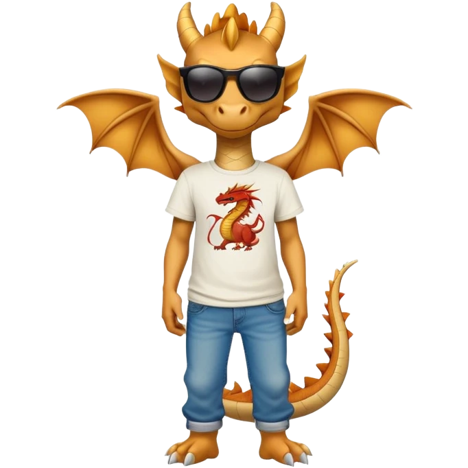 friendly anthropomorphised dragon in a hip-hop t-shirt and jeans wearing dark sunglasses emoji