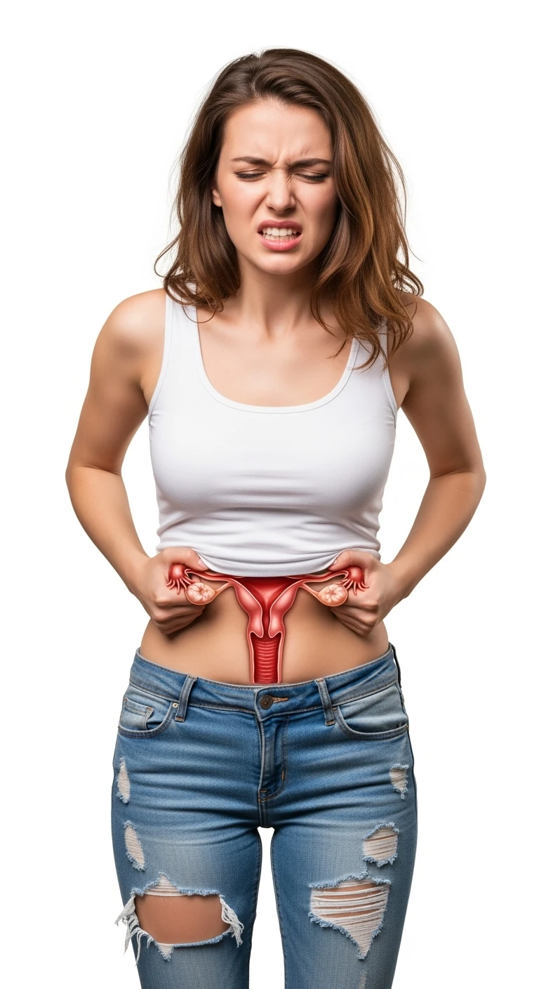 donna vestita casual realistico con utero umano anatomico in evidenza, dolore in volto
, IPERREALISTICO 4K, sfondo bianco emoji