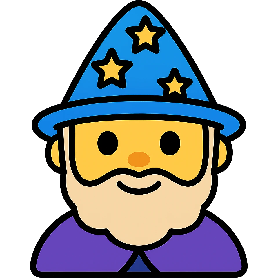 A wizard emoji, with black outlines and vibrant colors emoji