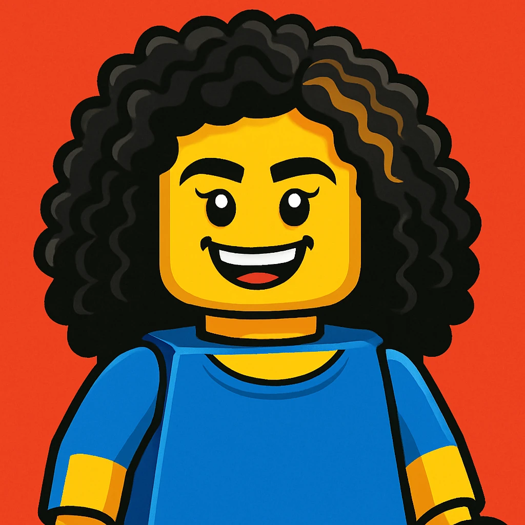 Transform the face in the reference image into a LEGO minifigure head and upper body. Keep the hair and smile exactly as shown, including the small section of hair that is a different color. Render in a bright, playful LEGO style with vivid colors and simple, blocky shapes typical of LEGO minifigures. emoji