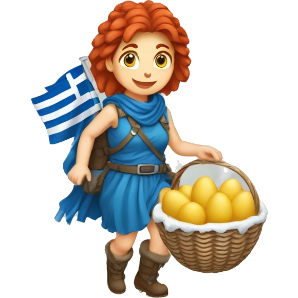 Greek red hair female winter mountaineer climbing with Easter eggsbasket and Greek flag emoji