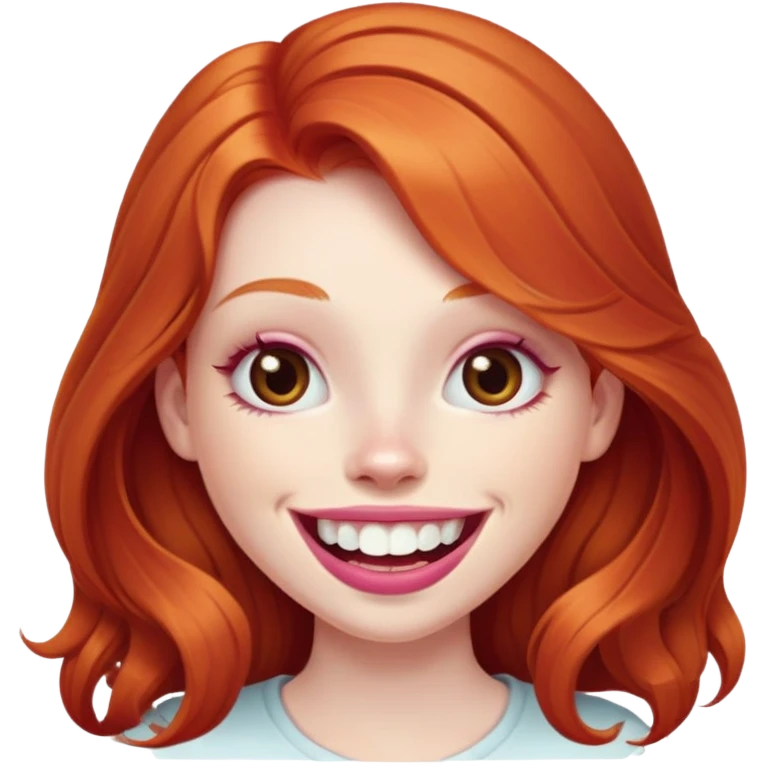 Young girl with pale skin, longer face, full pink lips smiling with big teeth, very long ginger red hair, big brown eyes, bigger nose, big mouth emoji