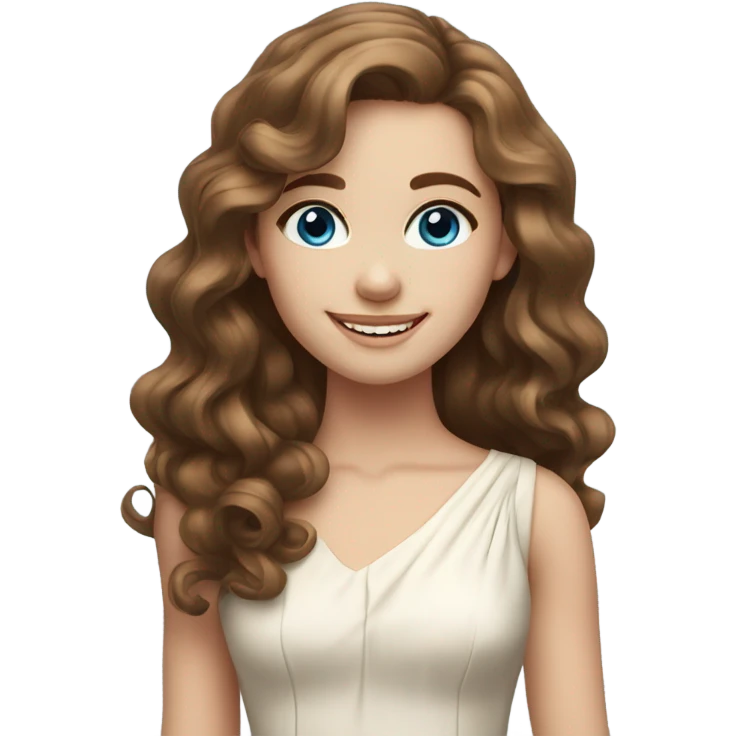 smiling girl in elegant dress with fair skin, long brown curly hair and blue eyes emoji
