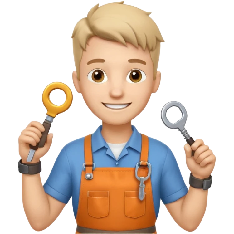locksmith portrait, head and shoulders only, wearing work apron collar, holding a key near face, friendly confident smile, tool belt strap visible, 3D cartoon, mobile game icon style, clean background, no text, no watermark

 emoji