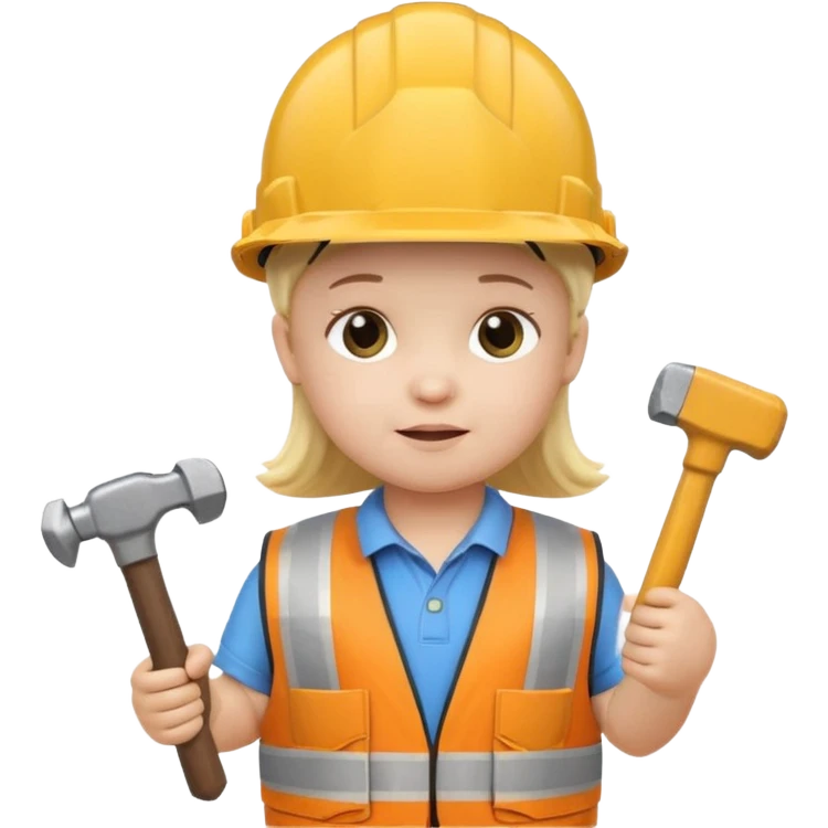 toddler wearing oversized construction helmet and safety vest holding tiny hammer, 3D emoji style emoji