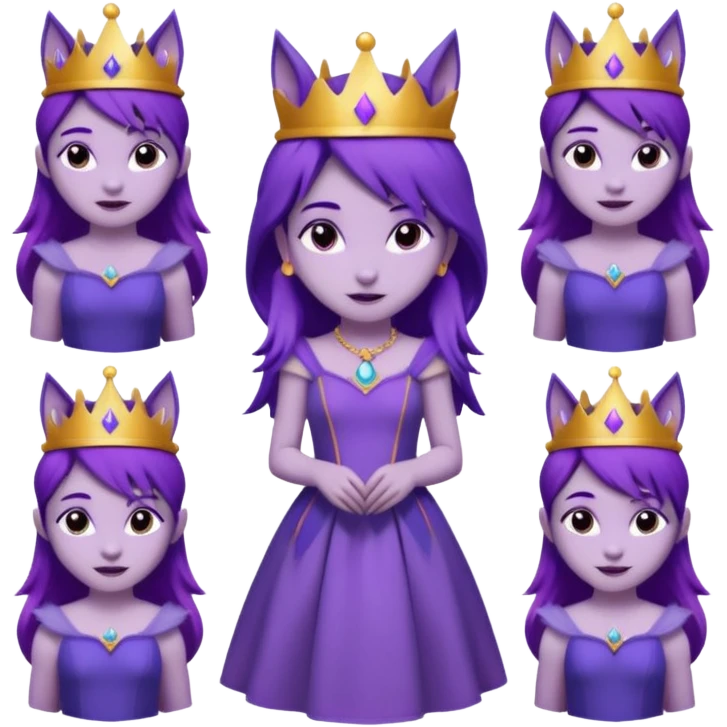 a cute princess wearing a purple dress and crown with purple hair and purple wolf ears and purple wolf tail character. Each square shows the character doing different actions against a white background And make a gap between each illusion emoji