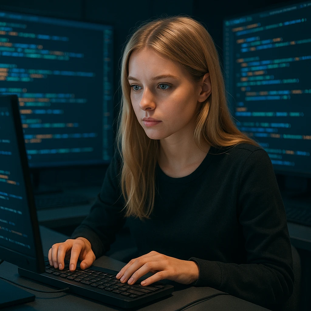 blonde girl at computer desk, surrounded by code, IT theme, focused, modern technology emoji