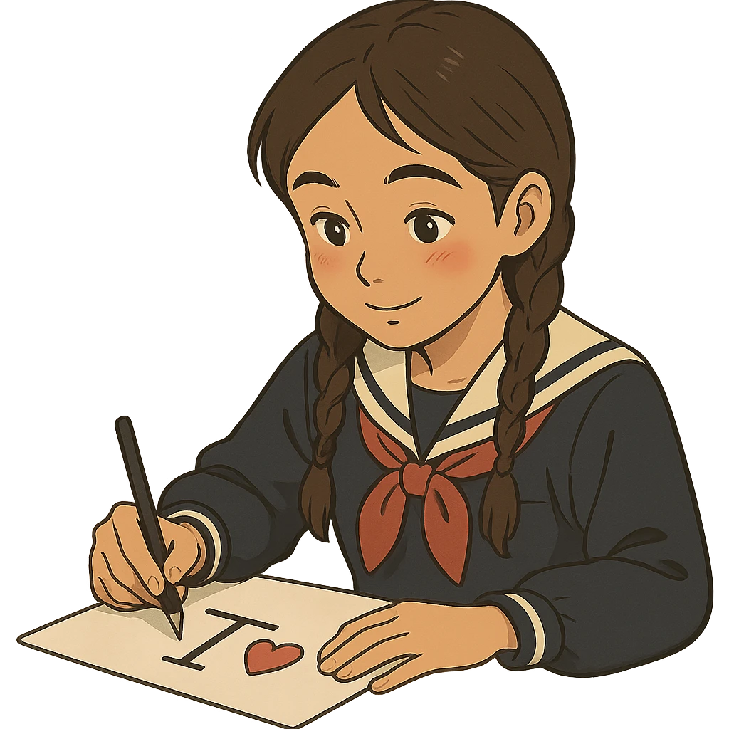 Kazakh girl in Korean school uniform, drawing a T with a heart on paper in ghibli style emoji