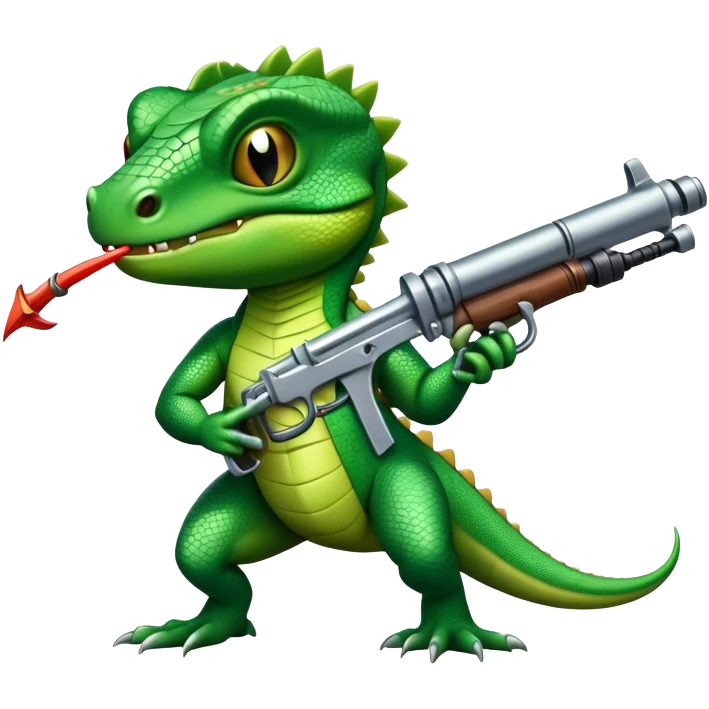 A lizard with a mini gun holding a sword in its mouth emoji