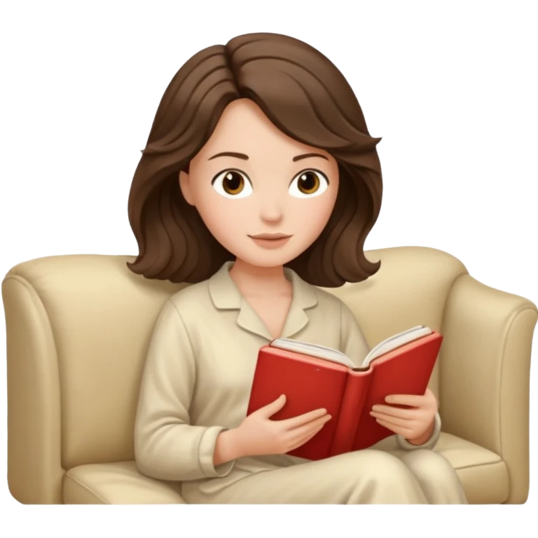 Woman with brunette hair reading on sofa. Soft wavy hair. Beige ivory pyjamas  emoji