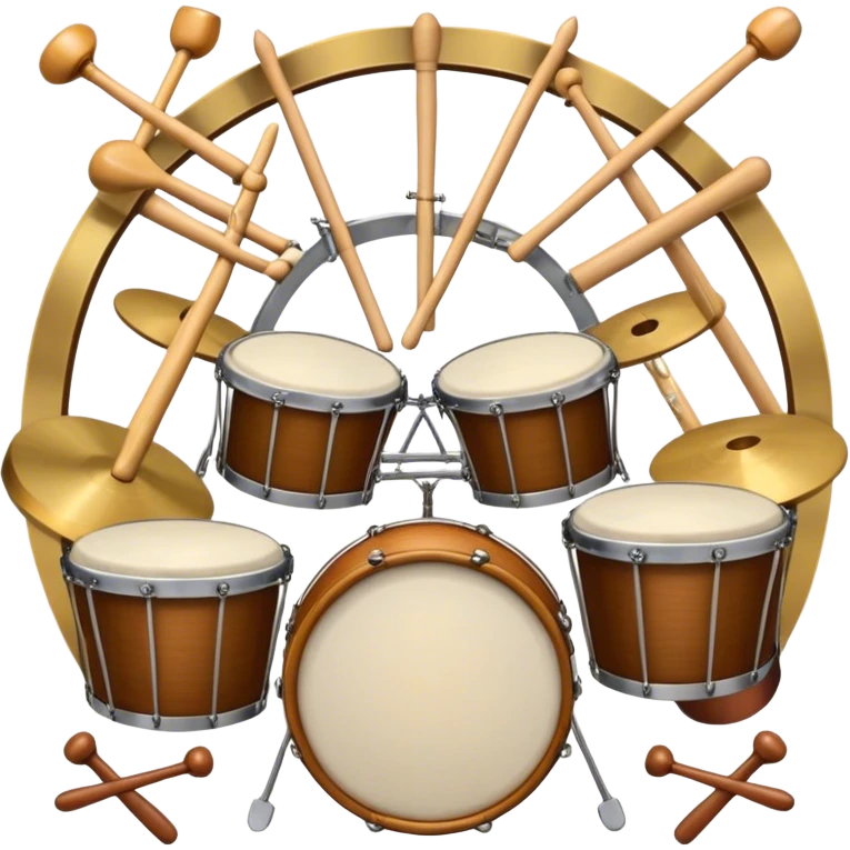 Create a professional, emblem-like emoji representing percussion instruments, including both traditional and folk drums. Feature a snare drum, bass drum, timpani, cymbals, marimba, tambourine, djembe, bongos, cajón, triangle, castanets, and ratchets in a balanced, heraldic composition. Crossed drumsticks at the center symbolize rhythm, while a ribbon of musical notes weaves around the instruments. Use rich gold, mahogany, and silver tones with polished highlights. Add laurel wreaths and subtle engravings for a grand, festive feel. The design should be harmonious, visually complete, and on a transparent background. emoji
