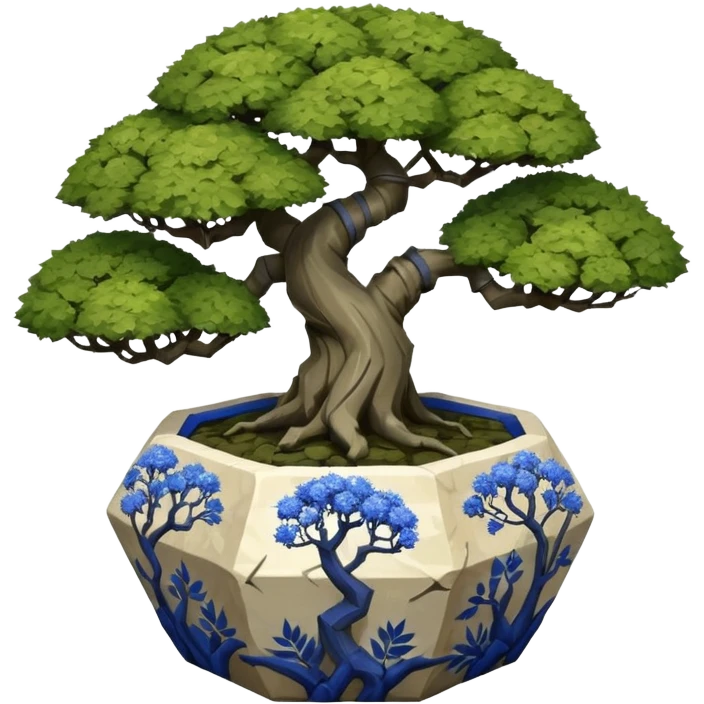 American very old broken cracked intricate Stone Age rocky-crusted dodecahedron-shaped shallow dark moss rough bark blue willow flower maple tree bonsai pot emoji