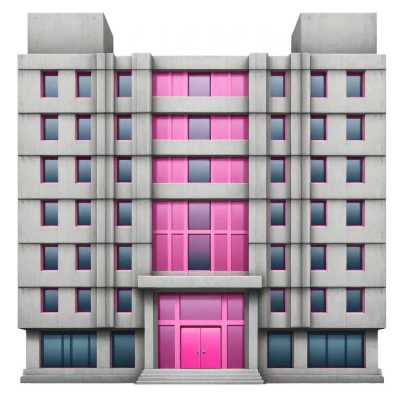 Brutalist concrete government building with one distinctive pink window and many standard windows emoji