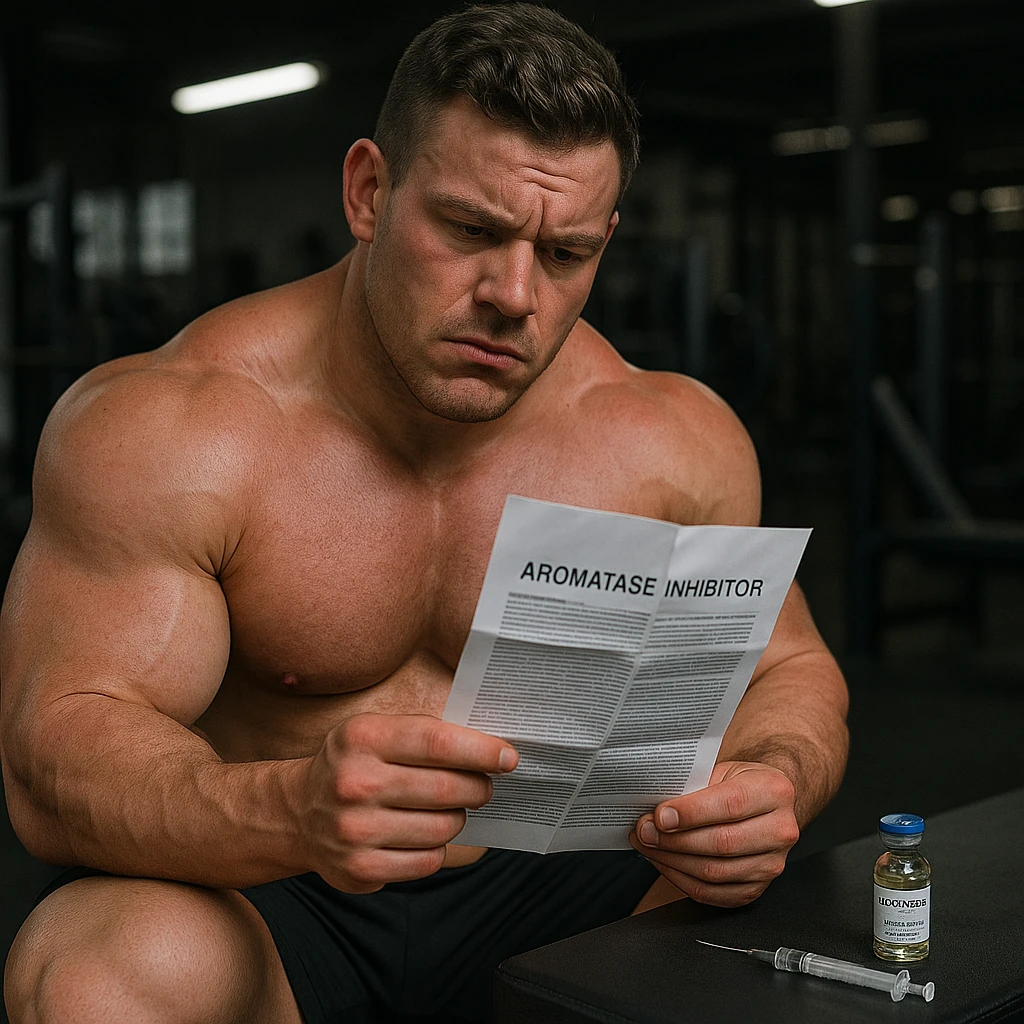 realistic beginner bodybuilder reading leaflet of aromatase inhibitor, vial of testosterone nearby, swollen muscles but red skin, doubtful atmosphere, gym background, 4K quality emoji