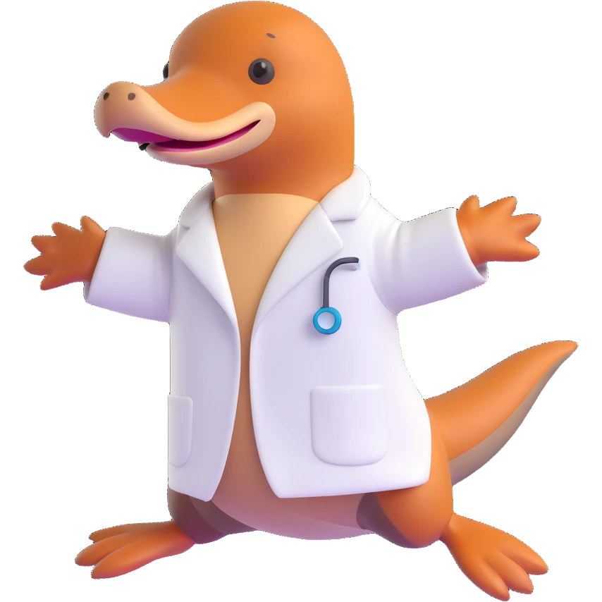 platypus in a white lab coat, jumping with excitement emoji