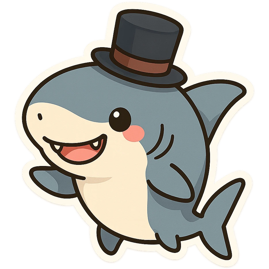 a fun and whimsical shark wearing a top hat, playful and cute character, chibi stickers style emoji
