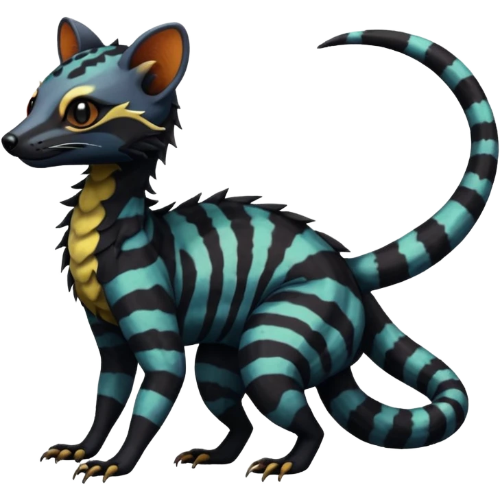 Rare warm-colored exotic edgy epic aesthetic spooky dark modern colorful cyber-Genet-Trico-Salandit-Civet-species-Fakemon-hybrid-creature, with beautiful intricate markings, full body emoji