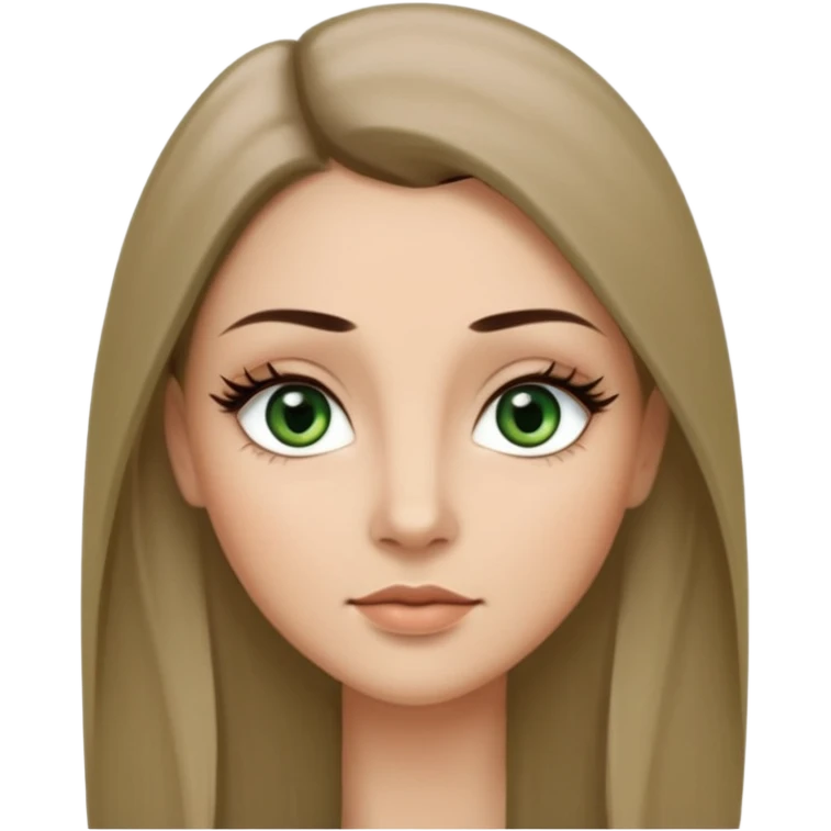 Adult woman avatar, light skin tone, oval face, long straight ashy brown hair, green almond-shaped eyes with dramatic eyelashes and minimal eyeliner, neutral mouth, medium straight eyebrows, small nose, smooth skin emoji