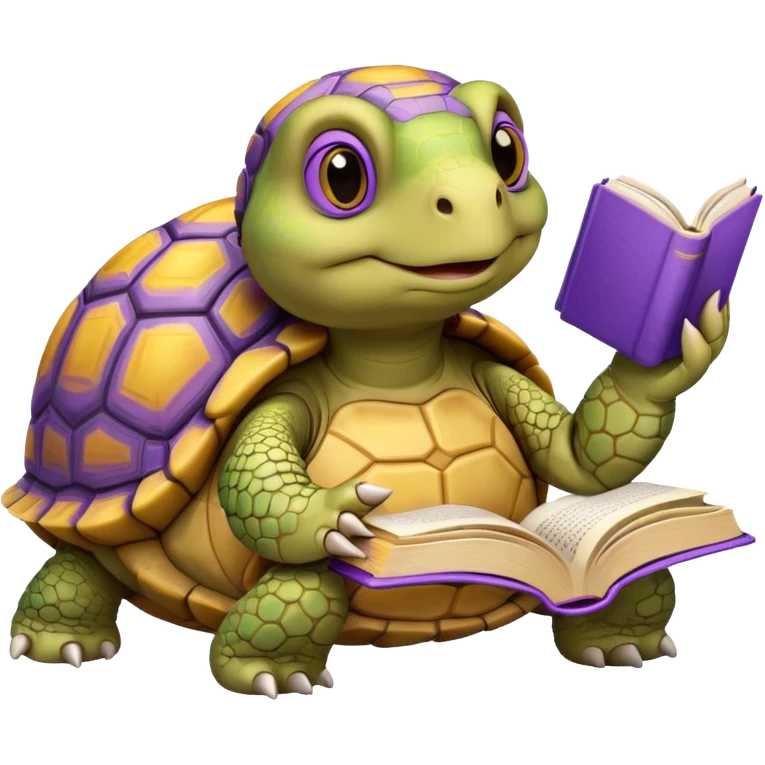 clever tortoise with a book, yellow and purple colors emoji