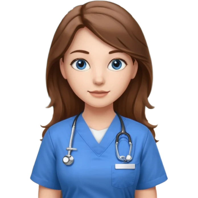 university classroom that says nursing school on the board with a pretty female nursing student with long brown hair, blue eyes emoji