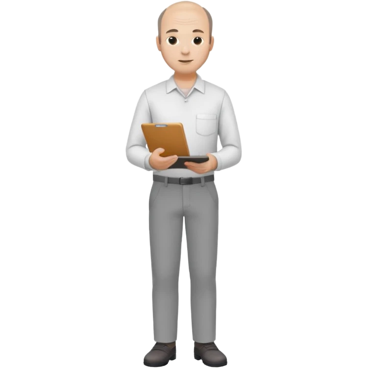 man mid 30's shirt and trousers balding hairline standing holding a clipboard emoji